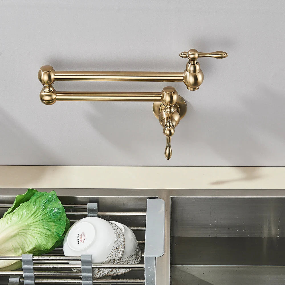 Gold brass pot filler wall mounted kitchen faucet with brass finish ornate vintage design and dual handles