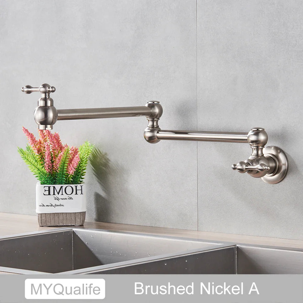 Brushed nickel kitchen faucet with sleek extendable gooseneck and ornate cross handles for gold brass pot filler wall mounted