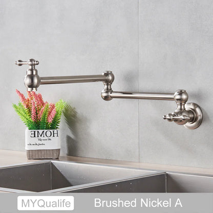 Brushed nickel kitchen faucet with sleek extendable gooseneck and ornate cross handles for gold brass pot filler wall mounted