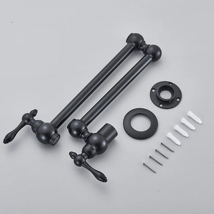 Black matte wall-mounted kitchen faucet set with ornate handles and spherical accents for elegant pot filling
