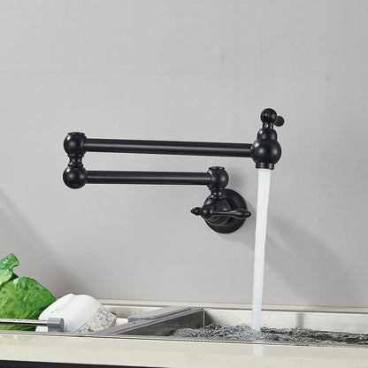 Black matte-finish extendable kitchen faucet with ornate spherical joints and classic lever handle for wall mount