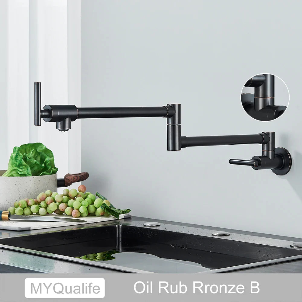 Black oil-rubbed bronze wall-mounted gooseneck kitchen faucet with sleek articulated design for pot filler use