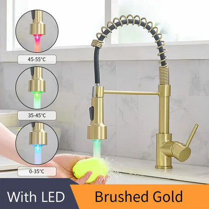 Brushed gold decorbites brass spring kitchen faucet with flexible gooseneck spout and led temperature lights