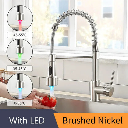 Brushed nickel kitchen faucet with flexible coiled neck and led temperature lights for decorbites brass spring spout