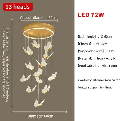 Gold-toned decorbites butterfly chandelier with 13 translucent white butterfly lights on iron acrylic base for living room
