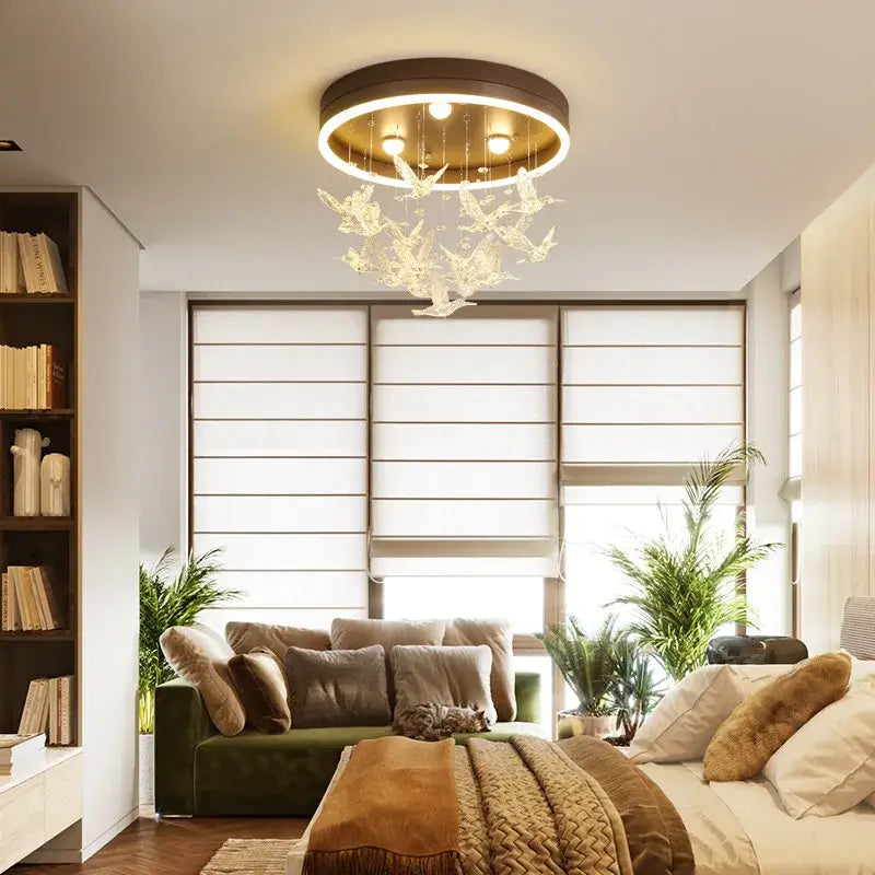 Gold butterfly crystal led ceiling lamp for kids bedroom with warm gold ring and white bird ornaments by decorbites crystal led