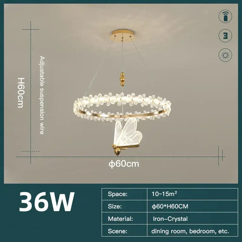 Gold butterfly crystal led chandelier with gold-toned iron-crystal frame and ornate butterfly pendant by decorbites crystal led