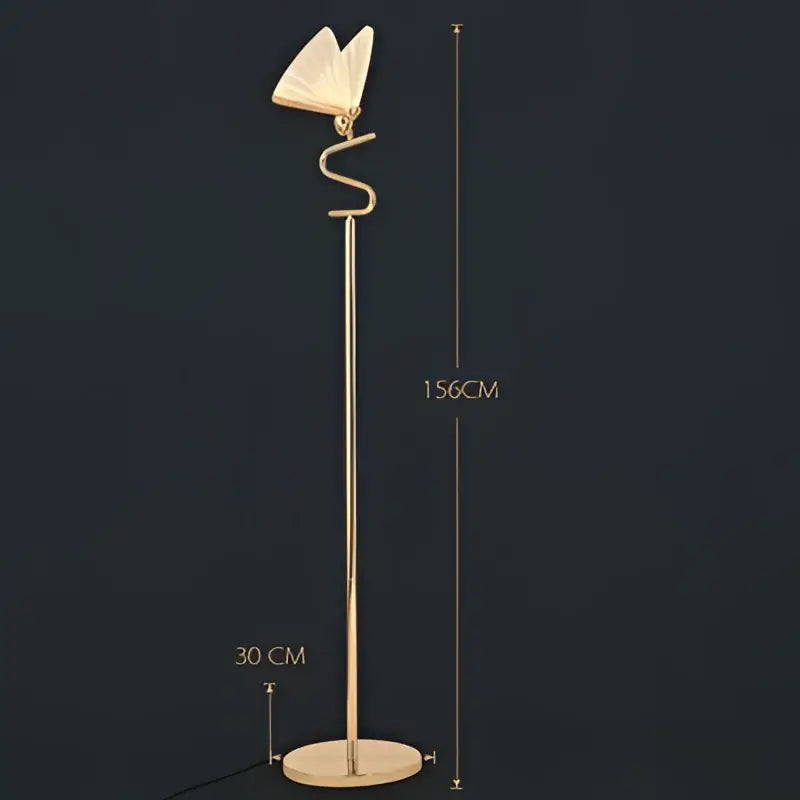 Gold-toned floor lamp with a slender curved stem and an elegant butterfly led shade for decorbites butterfly led floor lighting