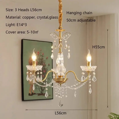 Gold candle style three-arm decorbites crystal chandeliers light with crystal droplets and glass shades for dining room decor
