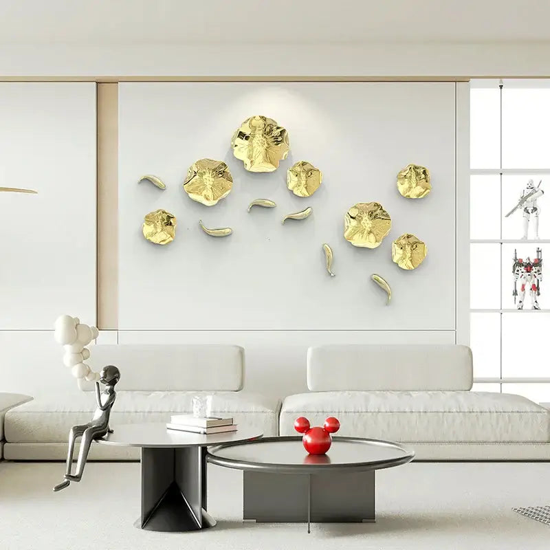 Golden metallic carp fish lotus leaf wall art with glossy finish perfect for decorbites carp fish living room decor