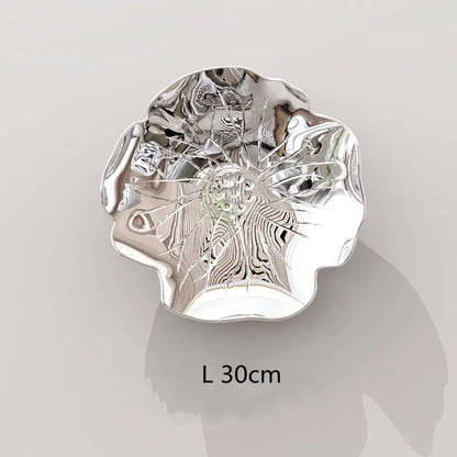 Shiny silver leaf-shaped dish with intricate engraved patterns for decorbites carp fish lotus wall art decor