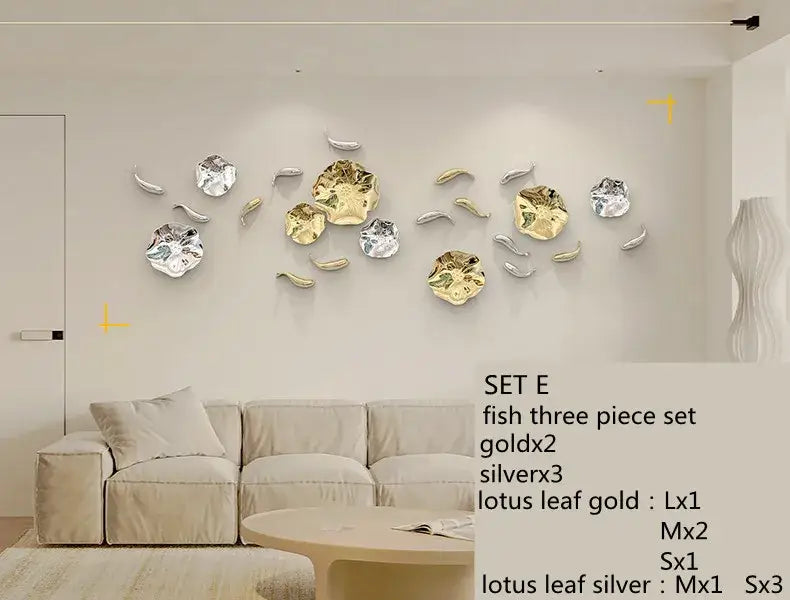 Gold and silver metallic lotus leaf wall art set featuring carp fish design perfect for decorbites carp fish lotus decor