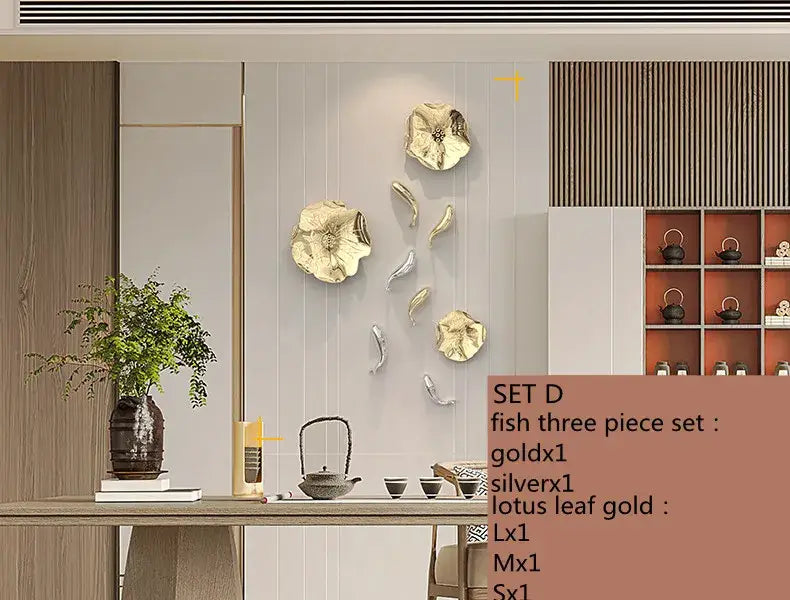 Gold and silver metallic carp fish lotus wall art with lotus leaf motifs for living room decor by decorbites carp fish
