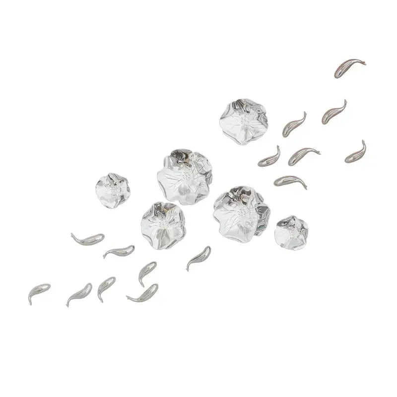Silver metallic flower and leaf-shaped embellishments on decorbites carp fish lotus wall art for living room decor