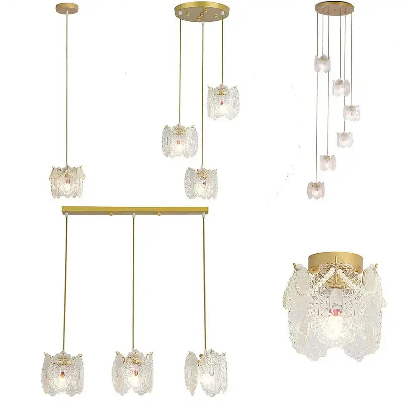Gold carved glass pearl chandelier with gold finish and lace-like carved glass shades for elegant dining room decorbites decor