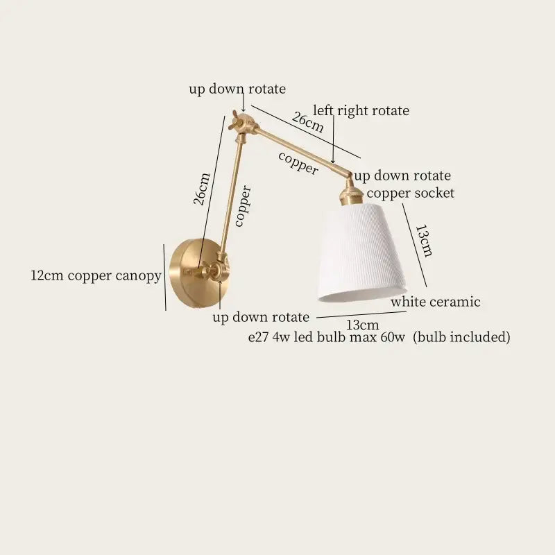 A sleek adjustable wall lamp with polished copper finish and white ceramic shade for decorbites ceramic led wall lighting