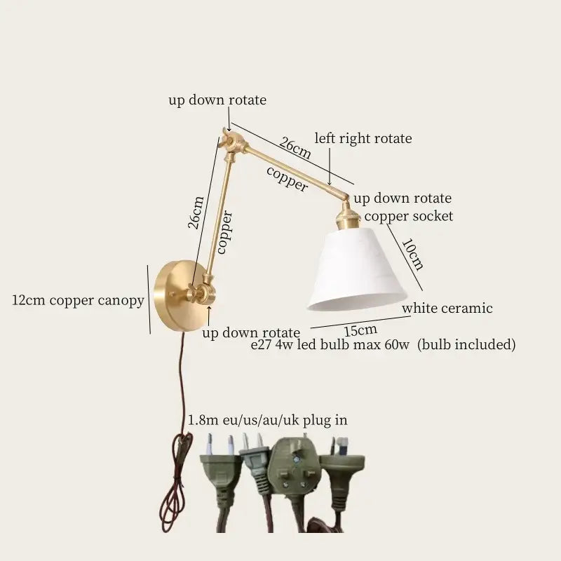 Copper adjustable wall lamp with white ceramic shade for living room decor featuring decorbites ceramic led design