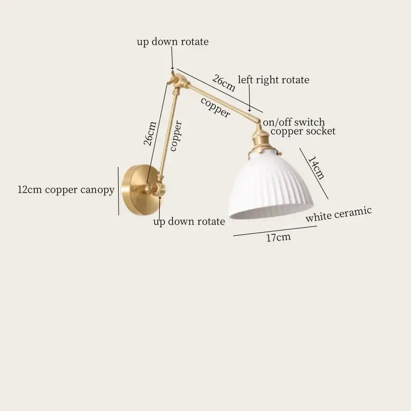 A vintage-style adjustable wall lamp with brass copper finish and white ceramic lampshade by decorbites ceramic led