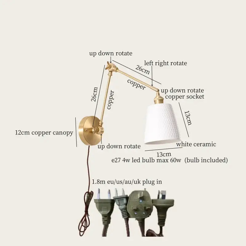 A sleek copper wall lamp with a white ceramic led shade and adjustable arms for modern decorbites ceramic led wall lighting