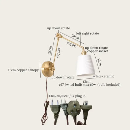 A sleek copper wall lamp with a white ceramic led shade and adjustable arms for modern decorbites ceramic led wall lighting