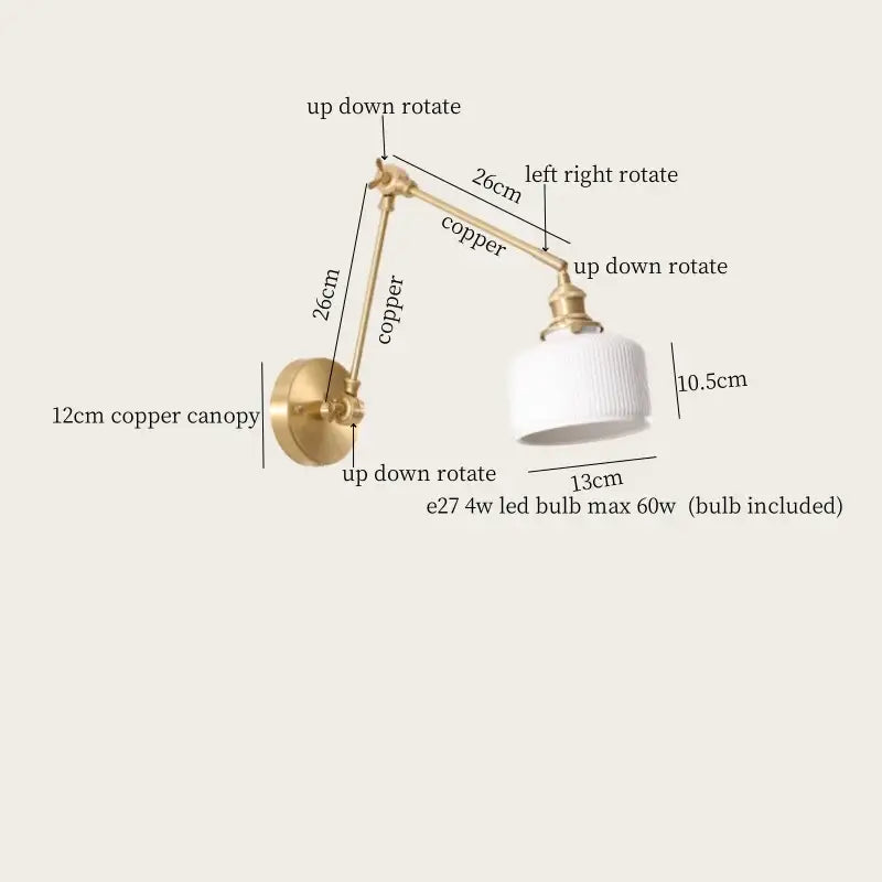 Copper wall lamp with white ribbed glass shade and adjustable arms for living room decorbites ceramic led wall lighting
