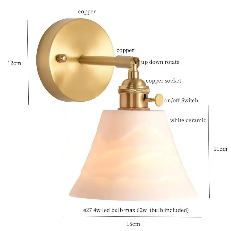 Gold ceramic led wall sconce with brass-finished copper base and white ribbed ceramic shade for bedroom decorbites ceramic led wall
