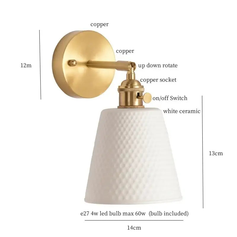 Gold ceramic led wall sconce with brass finish and textured white ceramic shade for bedroom decorbites ceramic led wall