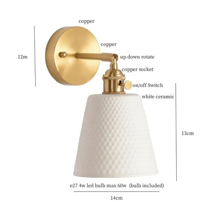 Gold ceramic led wall sconce with brass finish and textured white ceramic shade for bedroom decorbites ceramic led wall