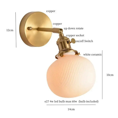 Gold ceramic led wall sconce with vintage copper finish and ribbed white ceramic globe for bedroom decorbites ceramic led wall
