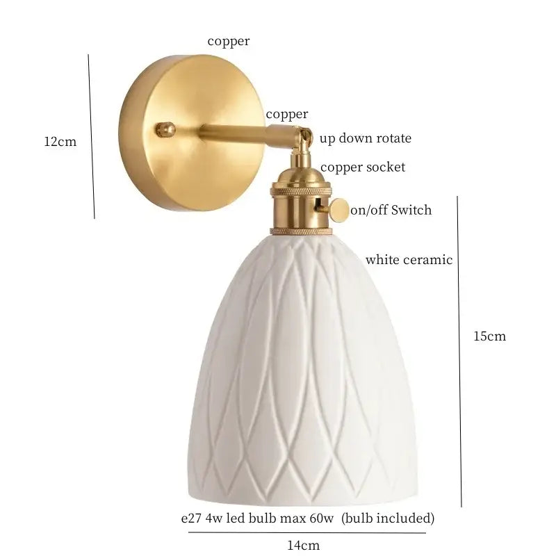 White ceramic led wall sconce with textured diamond pattern copper hardware and adjustable arm decorbites ceramic led wall