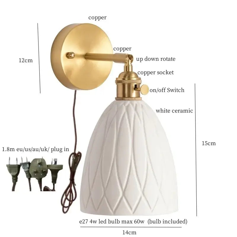 Gold ceramic LED wall sconce with ribbed shade and brass copper accents featuring textured diamond pattern decorbites ceramic led wall