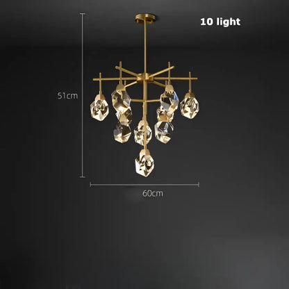 Gold circular stone lustre chandelier with diamond crystal stone droplets on a geometric metal frame for dining room