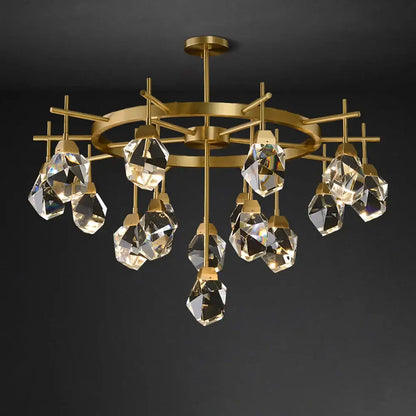 Gold circular stone lustre chandelier featuring diamond crystal stone droplets for elegant dining room lighting