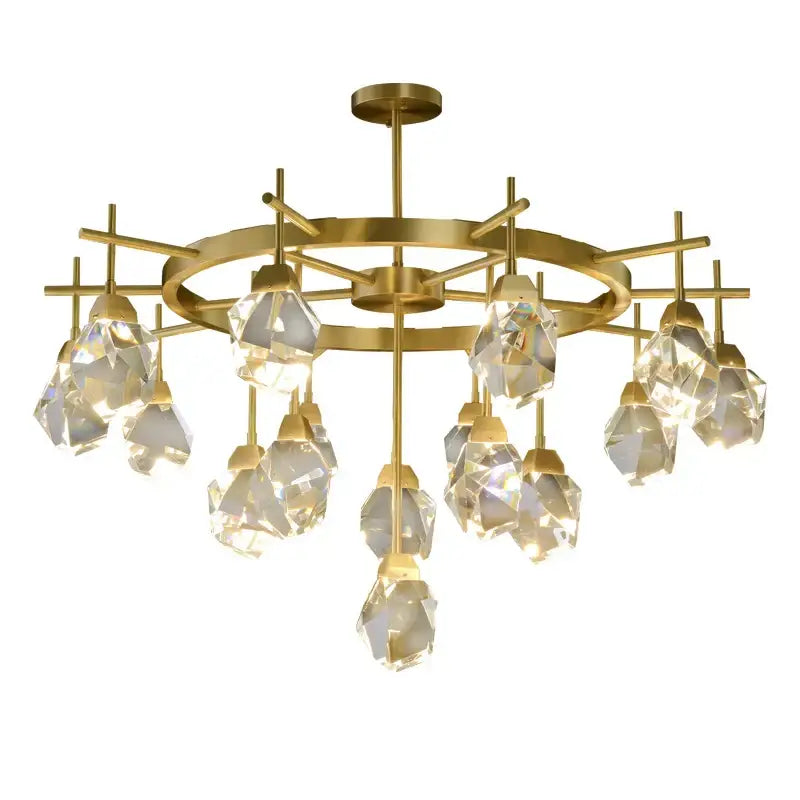 Gold circular stone lustre chandelier with diamond crystal stone pendants for elegant dining room lighting