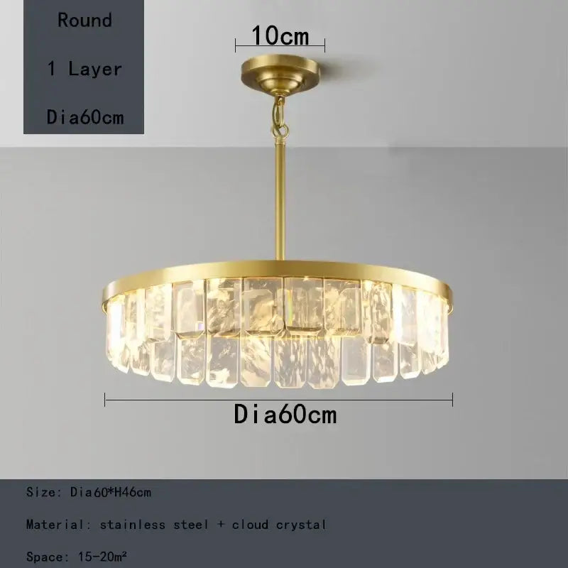 Gold cloud mist crystal chandelier with brass-finished stainless steel frame and hanging cloud mist crystal pieces