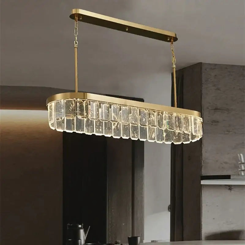 Gold-toned rectangular cloud mist crystal chandelier with clear faceted crystals for dining room decorbites cloud mist lighting