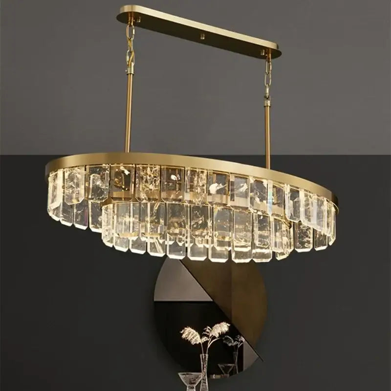 Gold cloud mist crystal chandelier dining room pendant light with gold-toned double-tier frame and clear rectangular prisms