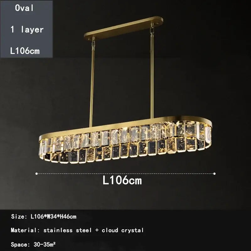 Gold-toned oval decorbites cloud mist crystal chandelier with single layer cloud crystal accents for dining room pendant light