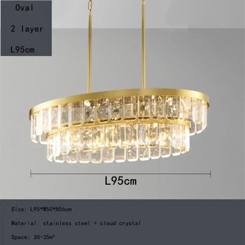 Gold-toned oval decorbites cloud mist chandelier with two layers of rectangular cloud mist crystal pendants for dining room