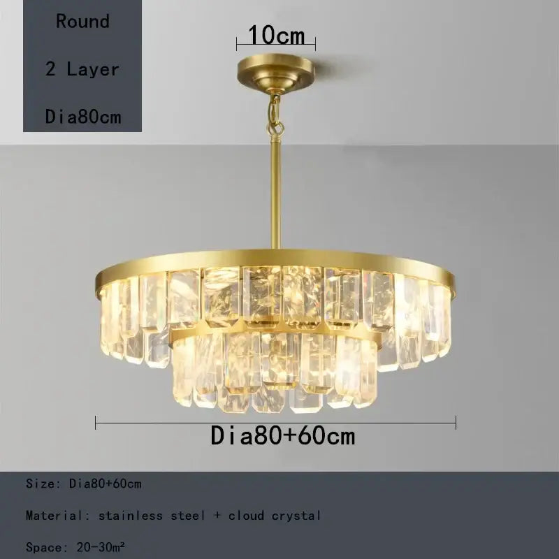 Two-layer round gold cloud mist crystal chandelier with brass finish and clear crystal droplets 80cm diameter dining room pendant light