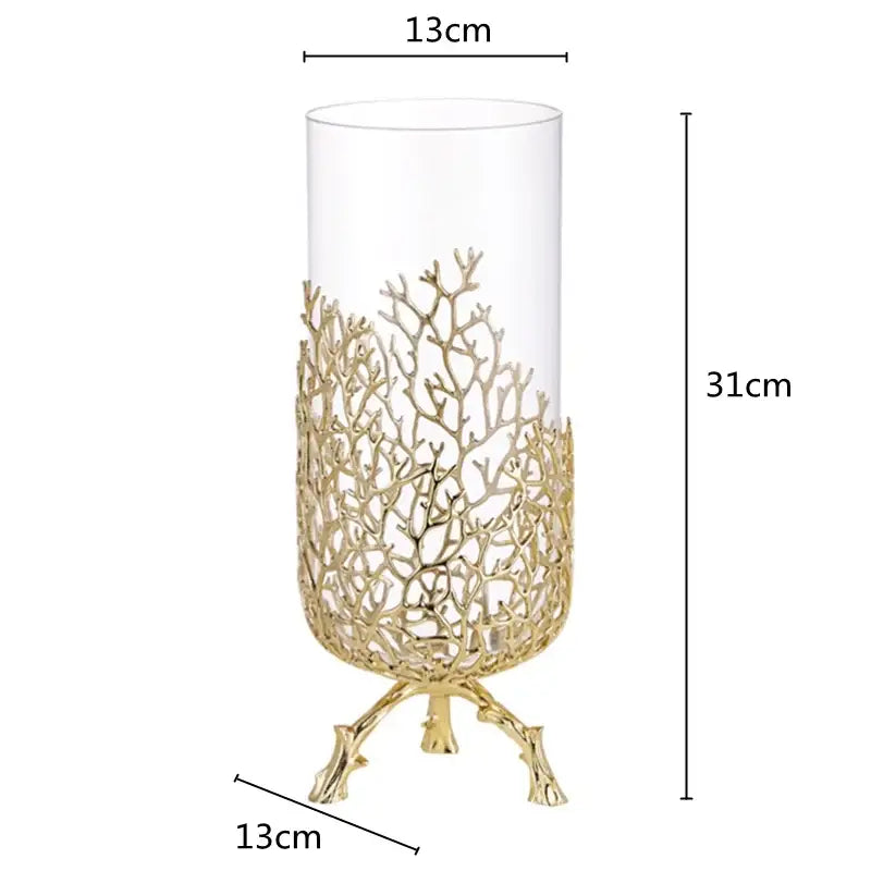 Gold coral crystal tree decorative candle holder with clear glass cylinder and intricate coral crystal lattice design