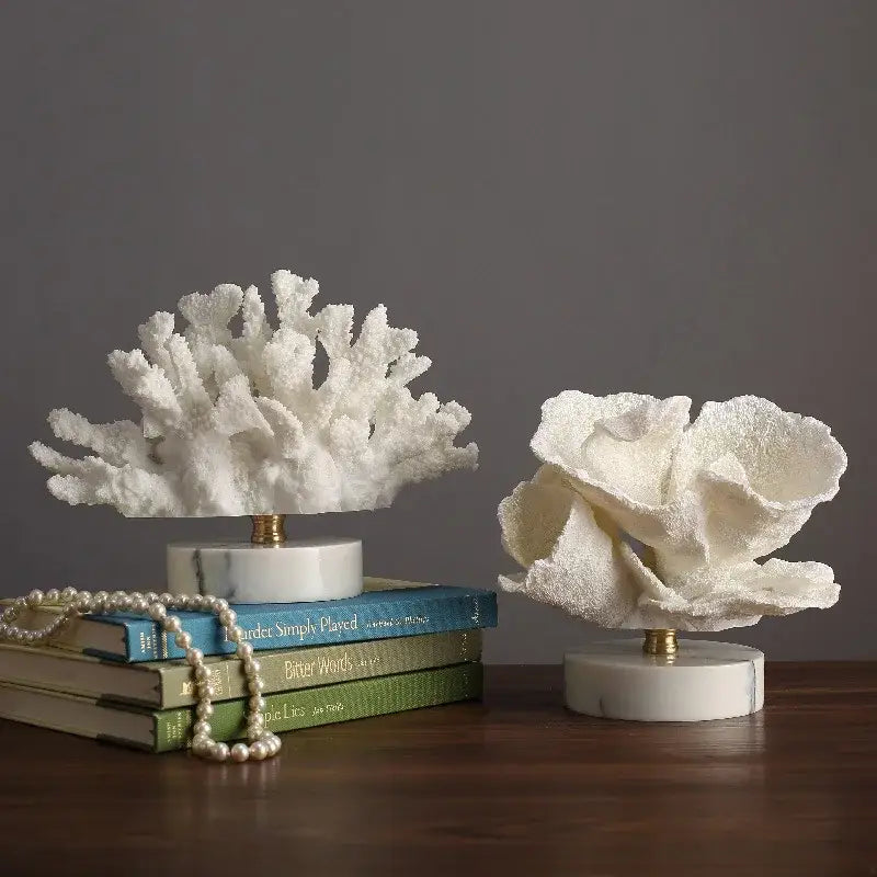 White coral crystal tree decorative sculptures on marble resin ocean figurines bases for living room decor