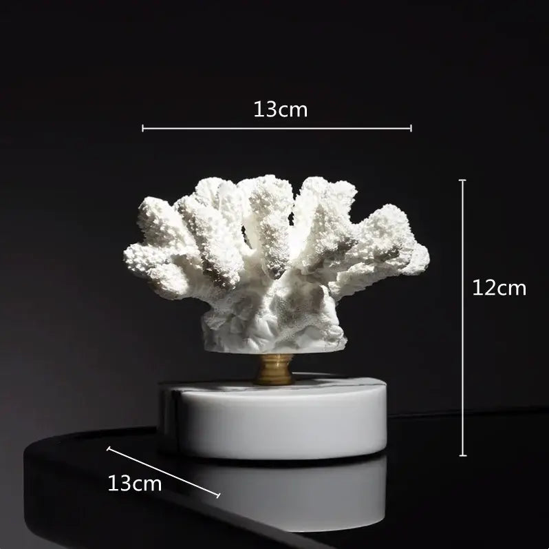 White coral crystal tree sculpture with textured resin ocean figurines and marble base for living room decor