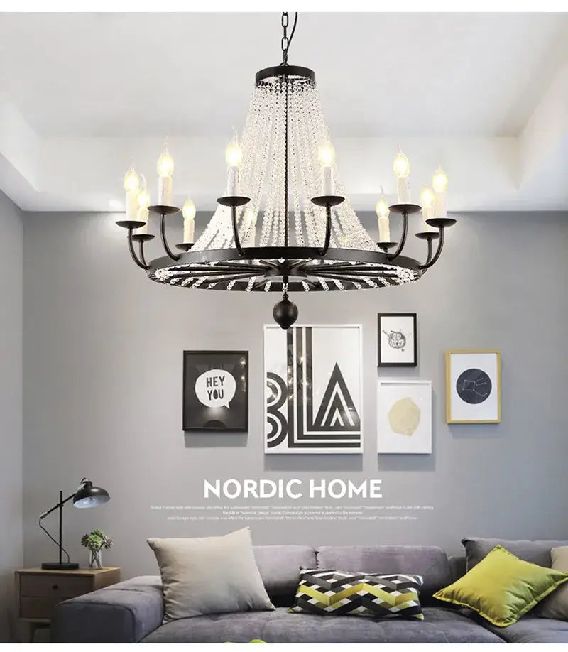 Black wrought iron country candle crystal chandelier with cascading clear crystal droplets for dining room decorbites