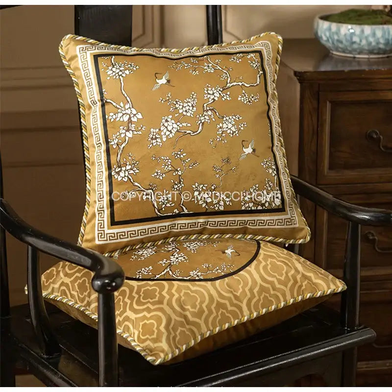 Golden silk lumbar pillow case with crane birds branches motif and black greek key border for living room cushion