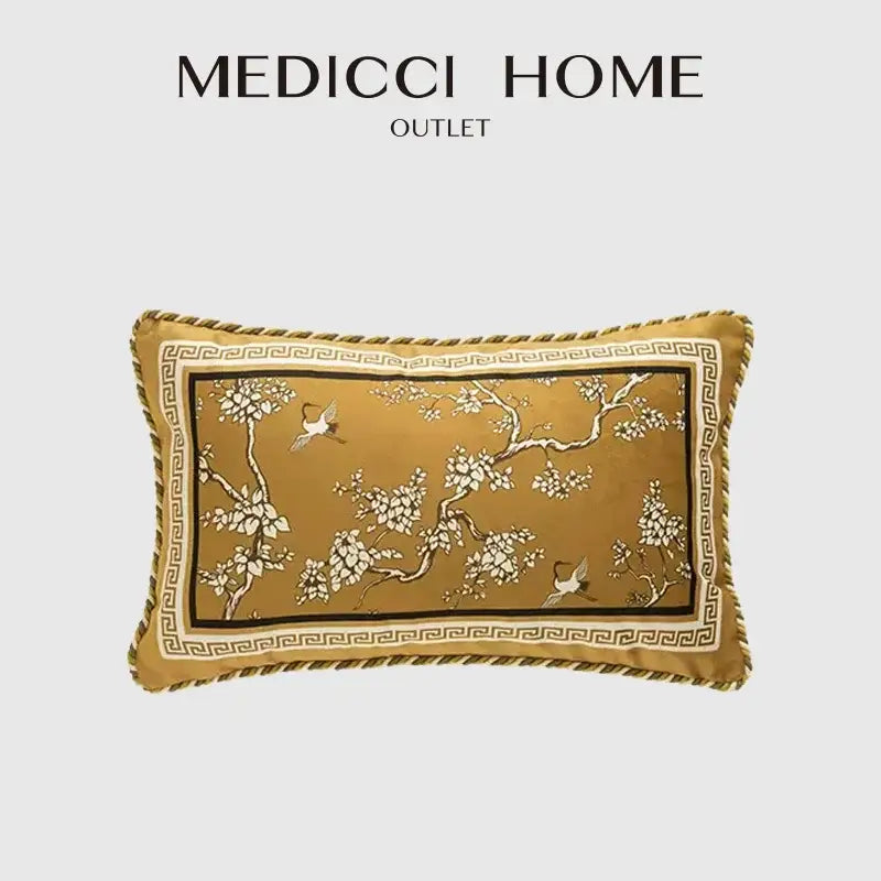 Gold crane birds branches lumbar pillow case with white floral bird motif and black greek key border in gold fabric