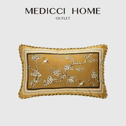 Gold crane birds branches lumbar pillow case with white floral bird motif and black greek key border in gold fabric