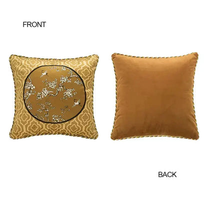 Square gold crane birds branches lumbar pillow case with velvet fabric and intricate white blossoms and birds design