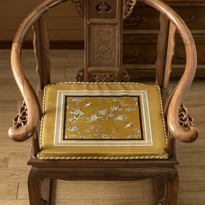 Gold crane birds branches lumbar pillow case with embroidered white blossoms on velvet fabric and ornate greek key border