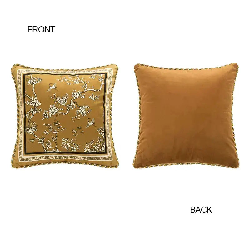 Gold crane birds branches lumbar pillow case with gold velvet and embroidered white blossoms birds design